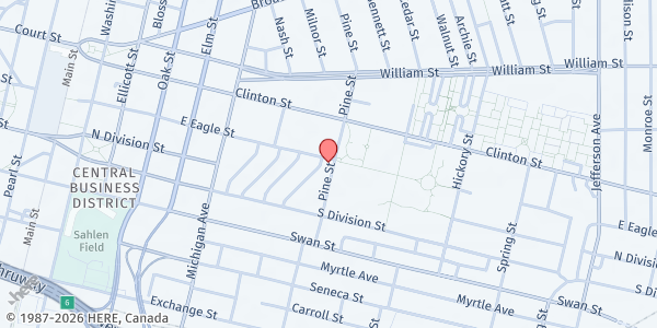 Map showing BUFFALO URBAN LEAGUE PANTRY at 86 PINE STREET, BUFFALO, NY