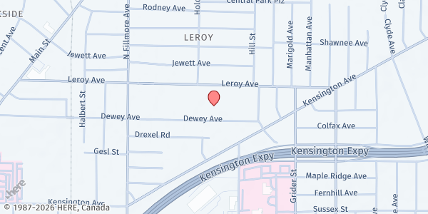 Map showing Catholic Central Helping Hands Food Pantry - Food Distribution Center at 350 Dewey Ave, Buffalo, NY