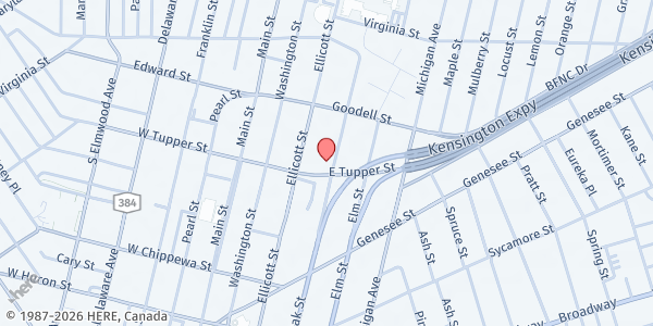 Map showing CITY MISSION SOCIETY, INC. - PANTRY at 100 East Tupper Street, Buffalo, NY