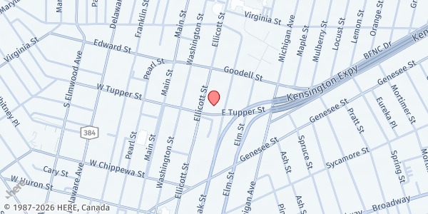 Map showing City Mission Society Inc- Pantry - Food Distribution Center at 100 E Tupper St, Buffalo, NY