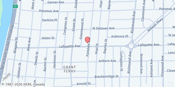 Map showing Concerned Ecumenical Ministry - Food Distribution Center at 286 Lafayette Ave, Buffalo, NY