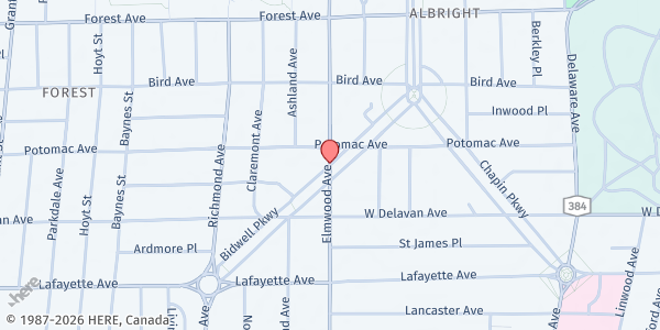 Map showing Elmwood Village Farmers' Market at Elmwood Ave and Bidwell Parkway, Buffalo, NY