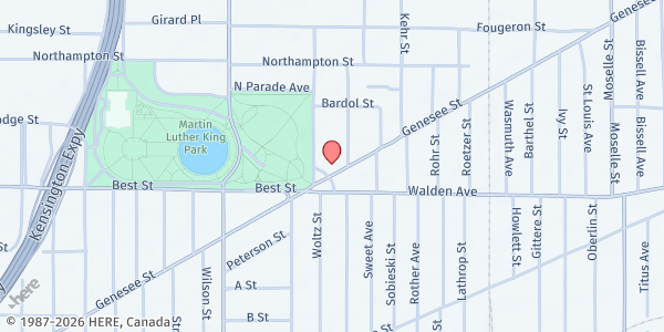 Map showing MISSIONARY OUTREACH CALVARY at 1184 Genesee St, Buffalo, NY