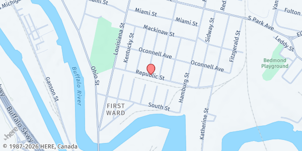 Map showing OLD FIRST WARD - BUFFALO RIVER FOOD PANTRY at 62 REPUBLIC STREET, BUFFALO, NY