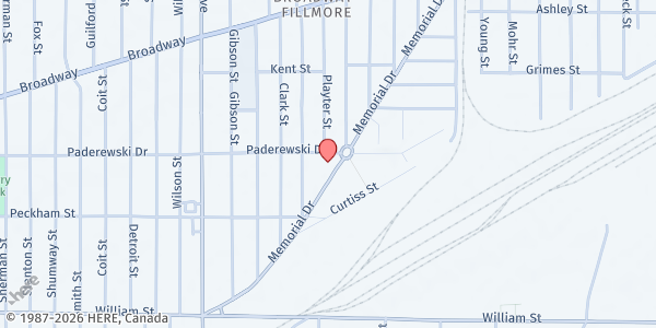 Map showing POLONIA HALL FOOD PANTRY at 385 PADEREWSKI DRIVE, BUFFALO, NY