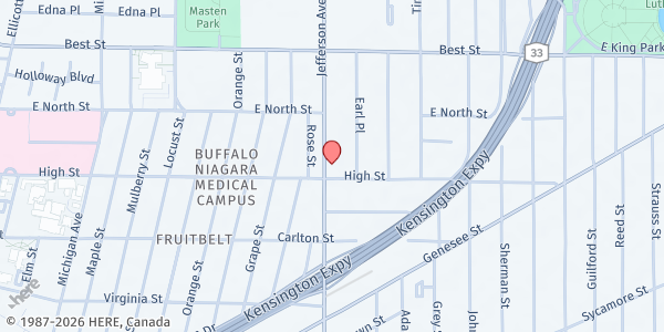Map showing REFUGE TEMPLE CHURCH at 943 Jefferson Ave, Buffalo, NY