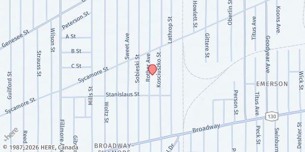 Map showing RESPONSE TO LOVE CENTER PANTRY at 130 Kosciuszko St, Buffalo, NY