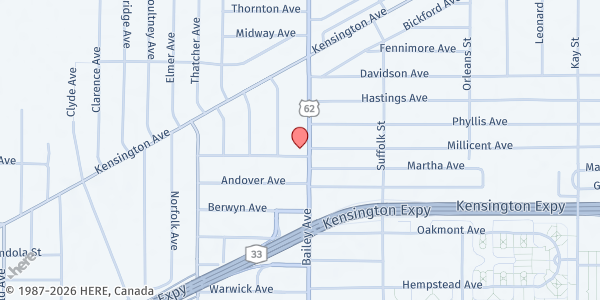 Map showing TRINITY BAPTIST CHURCH OUTREACH at 2930 BAILEY AVENUE, BUFFALO, NY