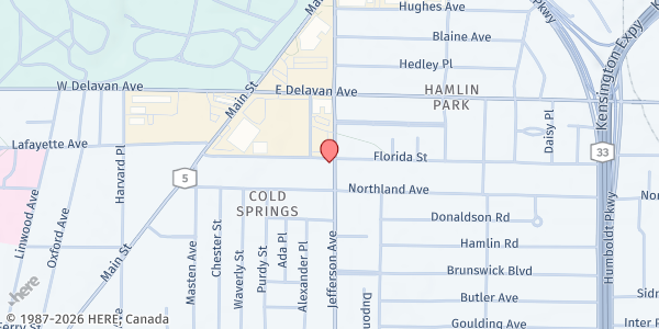 Map showing UPPER ROOM CHURCH OF GOD IN CHRIST at 131 FLORIDA STREET, BUFFALO, NY