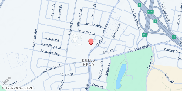 Map showing Jacob's Well, Our Lady of Pity's Gym at 1616 Richmond Avenue, Bulls Head, NY