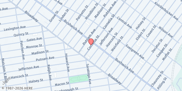 Map showing Bethesda Memorial Baptist Church at 49 Cornelia Street, Bushwick, NY