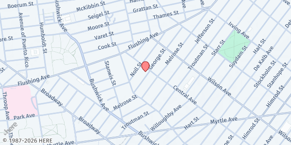 Map showing Cathedral of Joy Church of God at 43 George Street, Bushwick, NY