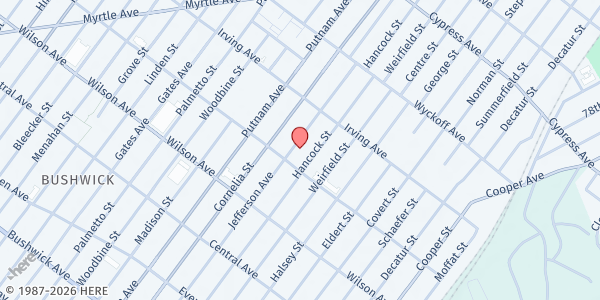 Map showing CCC New York Parish Food Pantry Outreach Program at 1380 Jefferson Avenue, Bushwick, NY