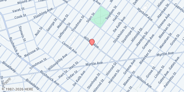 Map showing Iglesia Cristiana Emmanuel at 156 Wilson Avenue, Bushwick, NY