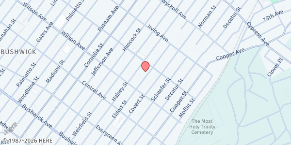 Map showing Mt. Olive Church of God at 285-277 Eldert Street, Bushwick, NY