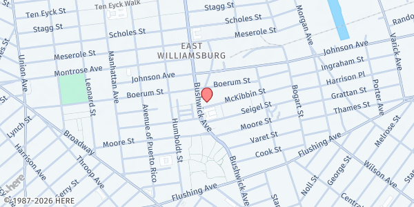Map showing One Love Community Fridge - Bushwick at 219 McKibbin Street, Bushwick, NY