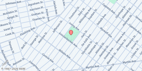 Map showing St John's Bread & Life Mobile Kitchen - Maria Hernandez Park at 265 Knickerbocker Avenue, Bushwick, NY