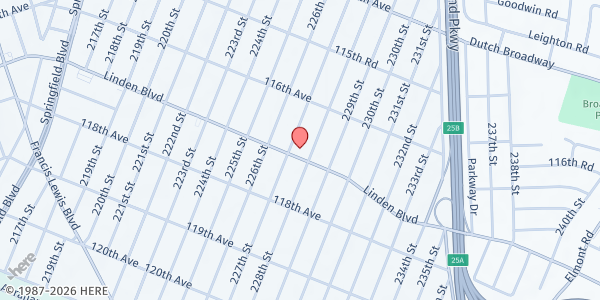 Map showing Deliverance Baptist Church Inc. at 227-11 Linden Boulevard, Cambria Heights, NY