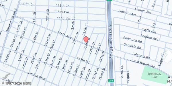 Map showing Jamaica Queens Wesleyan at 114-134 228th Street, Cambria Heights, NY