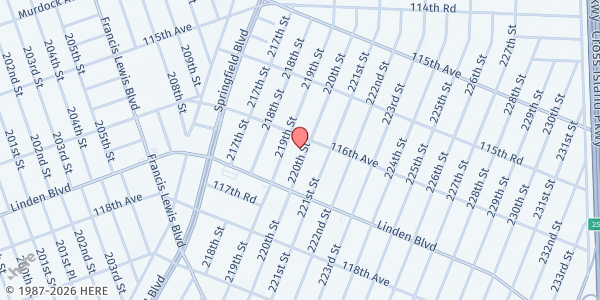 Map showing RCA Cambria Heights Community Church at 116-12 220 Street, Cambria Heights, NY