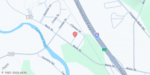 Map showing Mobile Food Pantry Campbell at Community Bible Church, 8516 Main St, Campbell, NY