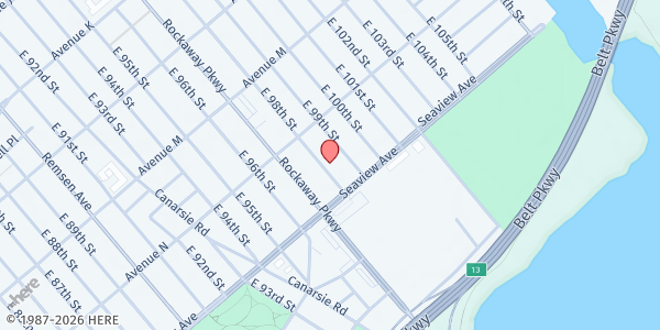 Map showing Jewish Community Council - Canarsie at 1585 East 98th Street, Canarsie, NY