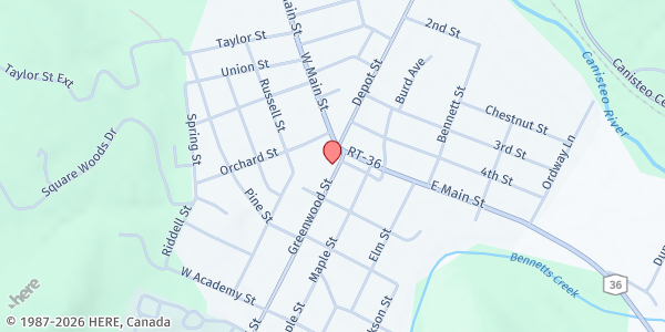 Map showing Canisteo Community Food Pantry at 18 Greenwood St., Canisteo, NY