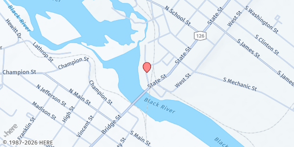 Map showing Farmers Market Pavilion at 150 Riverside Drive, Carthage, NY