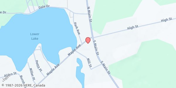 Map showing CASSADAGA FOOD PANTRY at 25 MAPLE AVENUE, CASSADAGA, NY