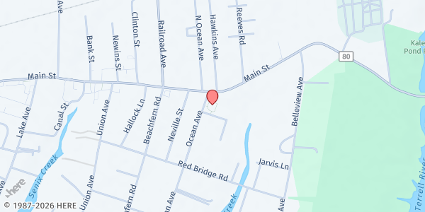 Map showing Ernie's Place Food Pantry at 25 Ocean Ave, Center Moriches, NY