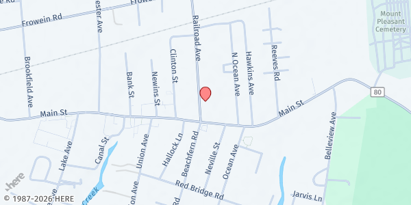 Map showing St. John's the Baptist Episcopal Church at 33 Railroad Avenue, Center Moriches, NY