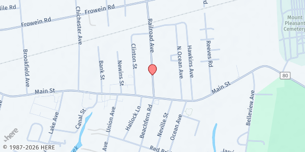 Map showing The Episcopal Church of St. John the Baptist at 33 Railroad Ave., Center Moriches, NY