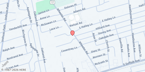 Map showing Central Islip Civic Council Food Pantry at 68 Wheeler Rd., Central Islip, NY