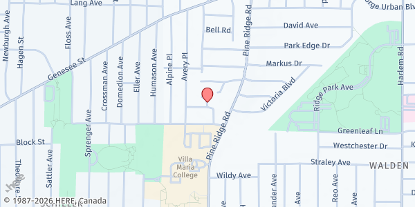 Map showing Sister Mary Josette Food Pantry at Villa Maria at Villa Maria College, 240 Pine Road Building 8, Cheektowaga, NY