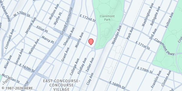 Map showing CHURCH ALIVE DEVELOPMENT CORP Food Pantry at 315 East 170th Street, Claremont, NY