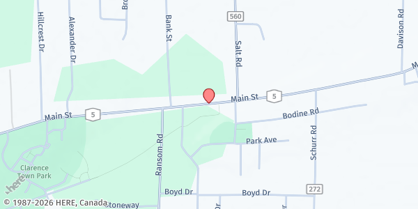 Map showing Clarence Hollow Farmers' Market at 10717 Main St, Clarence, NY