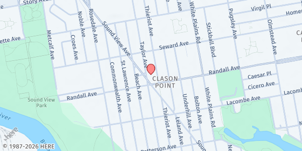 Map showing Holy Cross R.C. Church at 600 Soundview Avenue, Clason Point, NY