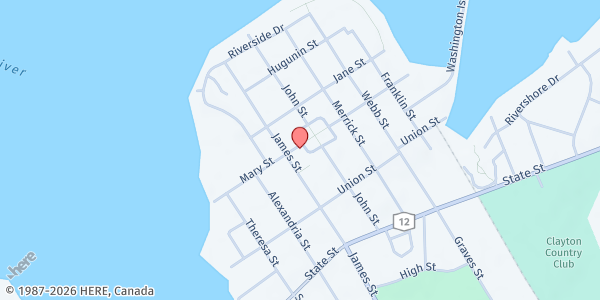 Map showing Clayton Council of Churches Food Pantry at 515 Mary Street, Clayton, NY