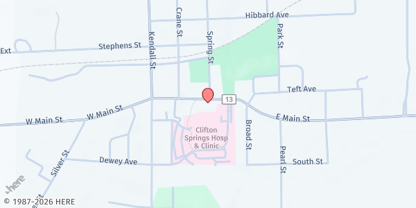 Map showing Elmcrest Apartments at 11 East Main Street, CLIFTON SPRINGS, NY