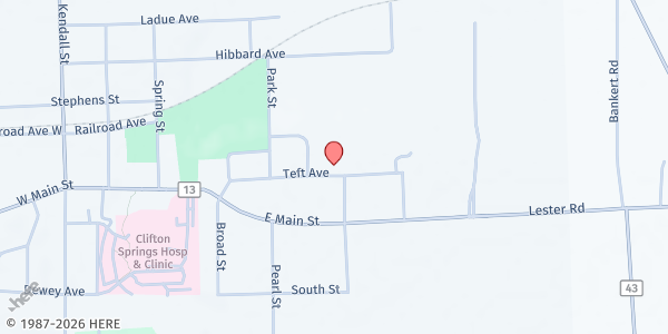 Map showing Wellspring Church at 22 Teft Ave., Clifton Springs, NY