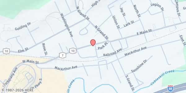 Map showing FIRST BAPTIST CHURCH FOOD PANTRY at 492 West Main St., Cobleskill, NY