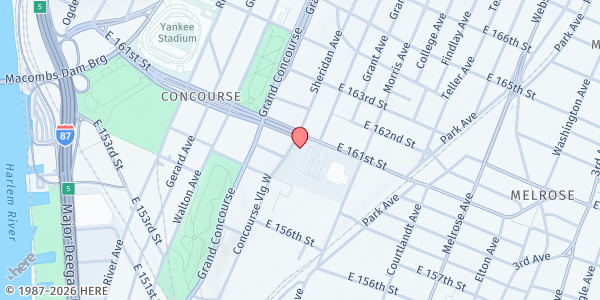 Map showing NeON Nutrition Kitchen Food Pantry at 198 East 161st Street, Concourse Village, NY