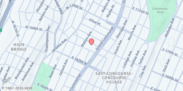 Map showing Walker Memorial Baptist Church at 120 East 169th Street, Concourse, NY