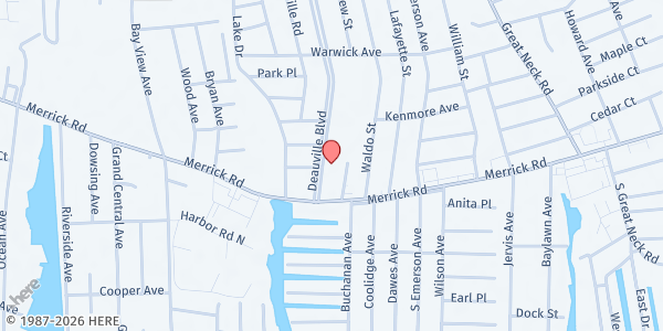 Map showing Copiague Memorial Library at 50 Deauville Boulevard, Copiague, NY