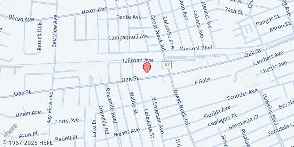 Map showing NHCC Food Pantry at 445 Oak Street, Copiague, NY