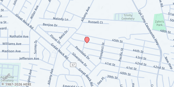Map showing Zion Gospel Church at 90 Warren Street, Copiague, NY