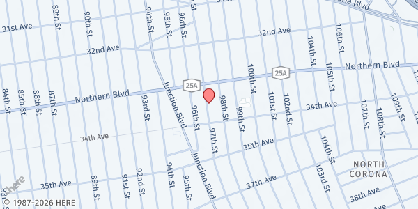 Map showing MT. OLIVET GOSPEL CHURCH at 33-27 97TH STREET, CORONA, NY