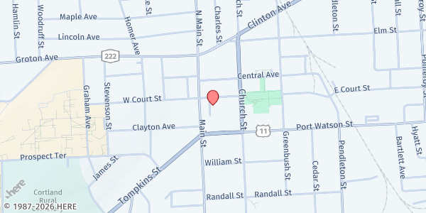 Map showing Cortland Loaves & Fishes Soup Kitchen at 13 Court St, Cortland, NY