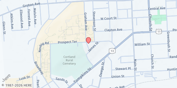 Map showing Interfaith Center at 7 Calvert St, Cortland, NY
