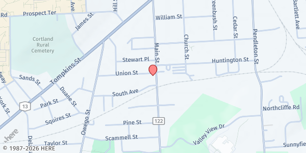 Map showing Salvation Army of Cortland Food Pantry at 138 South Main Street, Cortland, NY